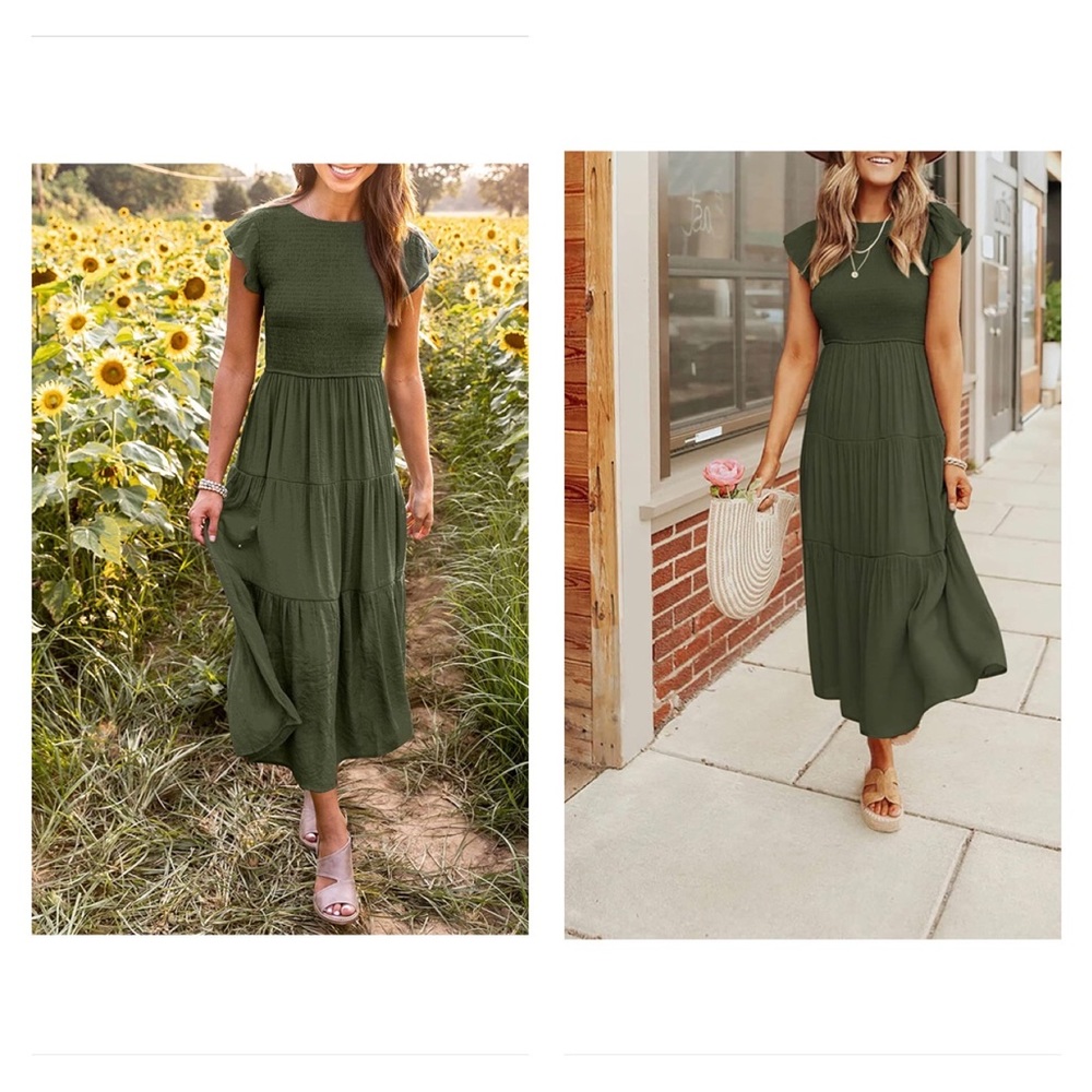 NWTCasual Flutter Short Sleeve Crew Neck Smocked Elastic Waist Tiered Midi Dress